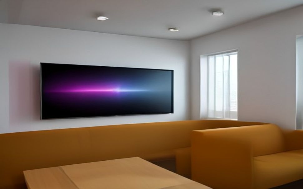 A bright lounge with a wall-mounted widescreen TV glowing purple and blue, playing ReachScreen content above a mustard sofa